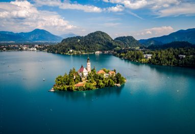 Slovenia - Aerial view resort Lake Bled. Aerial FPV drone photography.